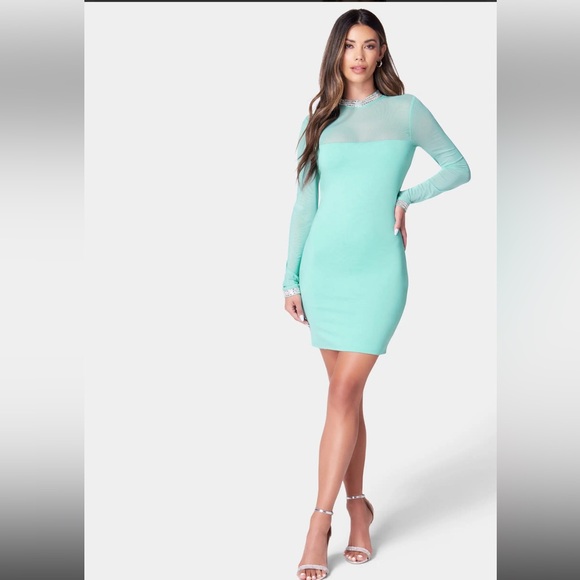 BEBE Embellished Mesh Dress - Beach Glass - Picture 1 of 8